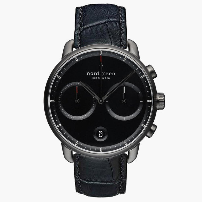 PI42GMLEBCBL &Pioneer gunmetal watch - black dial - black croc leather strap PI42GMLEBCBL &Pioneer gunmetal watch - black dial - black croc leather strap