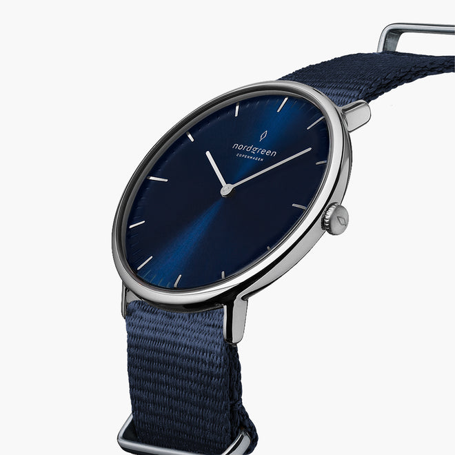 NR36SINYNANA NR40SINYNANA &Native silver watch with blue face - navy nylon strap NR36SINYNANA NR40SINYNANA &Native silver watch with blue face - navy nylon strap