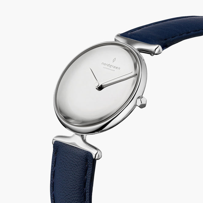 UN28SIVENAPM UN32SIVENAPM &Unika ladies leather strap watches - polished metal dial - silver case - navy vegan leather strap UN28SIVENAPM UN32SIVENAPM &Unika ladies leather strap watches - polished metal dial - silver case - navy vegan leather strap