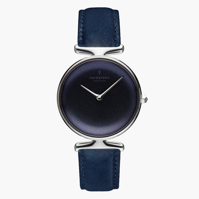 UN28SIVENARB UN32SIVENARB &Unika black face ladies watch - rainbow black dial - silver case - navy vegan leather strap