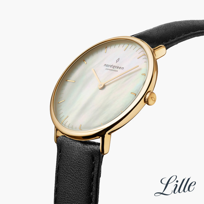 NR28GOVEBLMP NR32GOVEBLMP &Native mother of pearl watch - gold case - black vegan leather strap NR28GOVEBLMP NR32GOVEBLMP &Native mother of pearl watch - gold case - black vegan leather strap