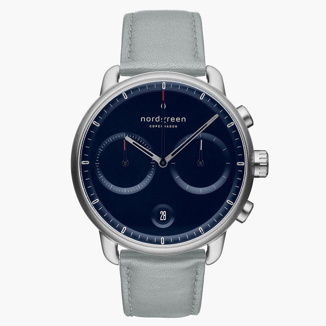 PI42SIVEDONA &Pioneer silver watch mens - navy blue dial - dove grey leather strap PI42SIVEDONA &Pioneer silver watch mens - navy blue dial - dove grey leather strap