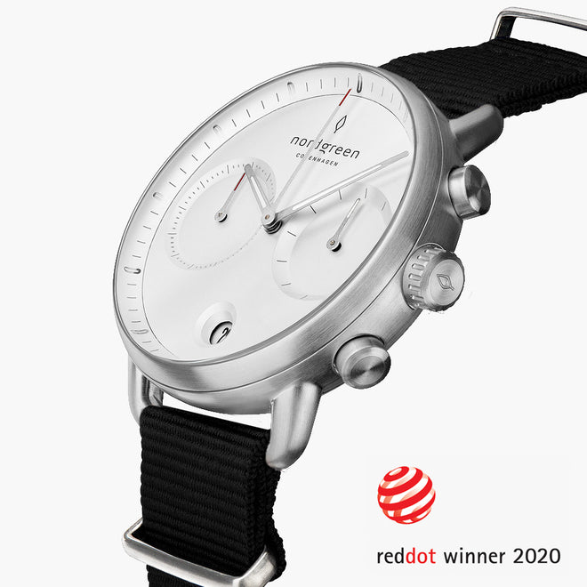 PI42SINYBLXX &Pioneer silver watch mens - white dial - black nylon strap