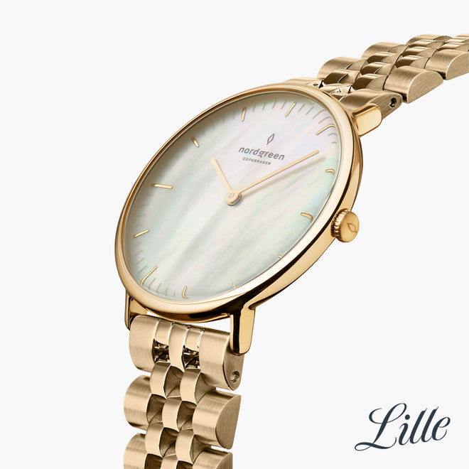 NR28GO5LGOMP NR32GO5LGOMP &Native mother of pearl watch - gold case - 5 link