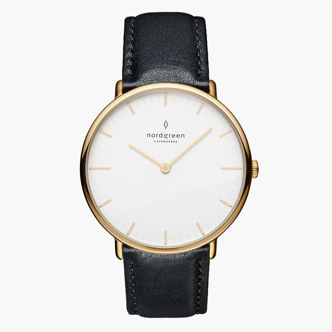 NR36GOVEBLXX NR40GOVEBLXX NR28GOVEBLXX &Native mens gold watches - white dial - black vegan leather strap