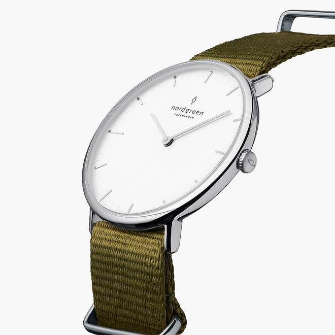 NR36SINYAGXX NR40SINYAGXX &Native silver watch women - white dial - olive green nylon strap NR36SINYAGXX NR40SINYAGXX &Native silver watch women - white dial - olive green nylon strap