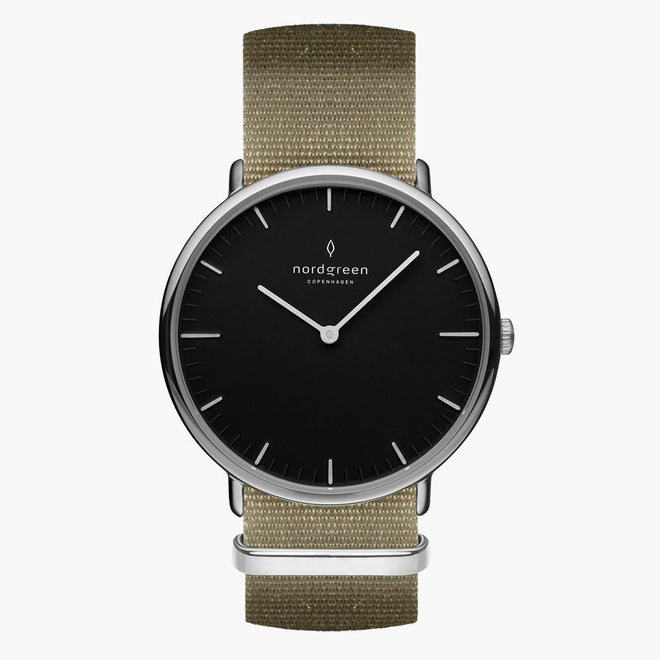 NR36SINYAGBL NR40SINYAGBL &Native silver watch mens - black dial - olive green nylon strap NR36SINYAGBL NR40SINYAGBL &Native silver watch mens - black dial - olive green nylon strap