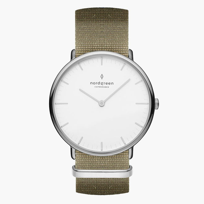NR36SINYAGXX NR40SINYAGXX &Native silver watch women - white dial - olive green nylon strap NR36SINYAGXX NR40SINYAGXX &Native silver watch women - white dial - olive green nylon strap