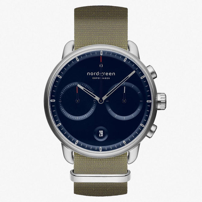 PI42SINYAGNA &Pioneer silver watch mens - navy blue dial -olive green nylon strap PI42SINYAGNA &Pioneer silver watch mens - navy blue dial -olive green nylon strap