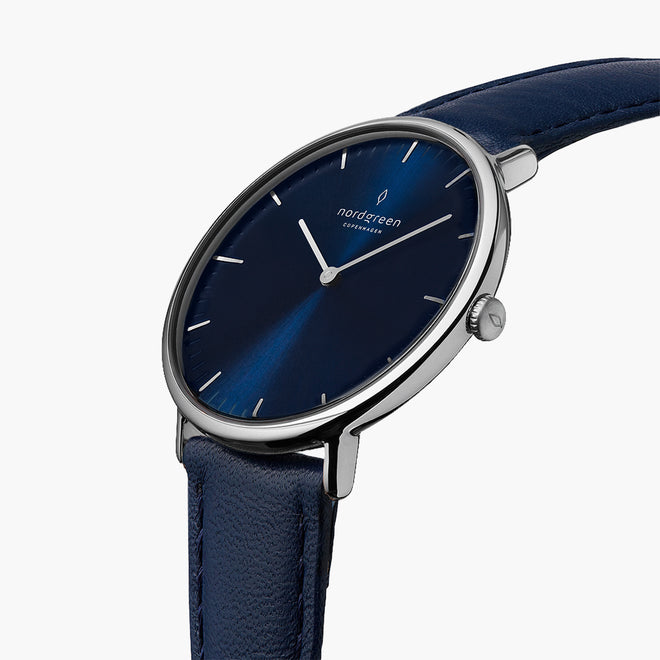 NR36SILENANA NR40SILENANA &Native silver watch with blue face - navy leather strap NR36SILENANA NR40SILENANA &Native silver watch with blue face - navy leather strap