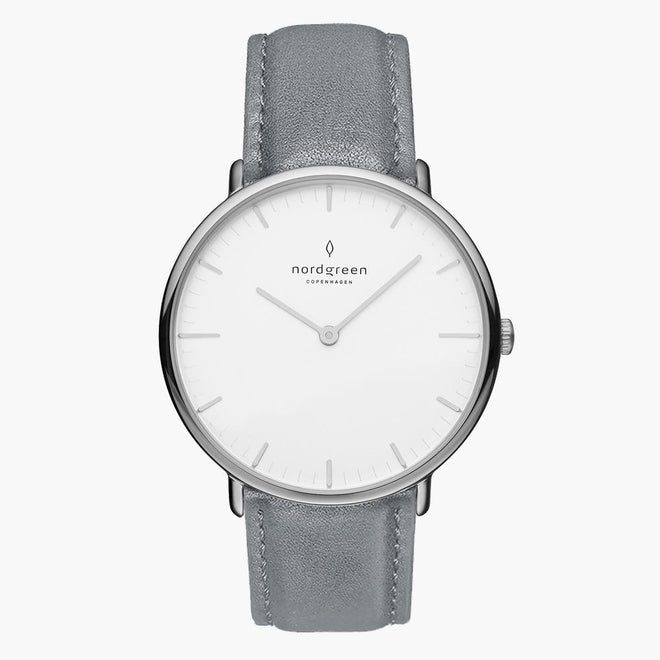 NR36SILEGRXX NR28SILEGRXX &Native silver watch women - white dial - grey leather strap