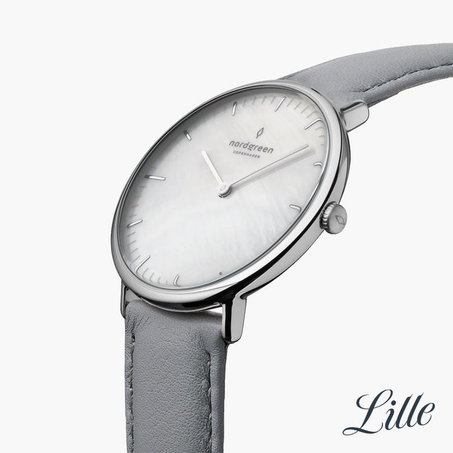 NR28SILEGRMP NR32SILEGRMP &Native mother of pearl watch - silver case - grey leather strap NR28SILEGRMP NR32SILEGRMP &Native mother of pearl watch - silver case - grey leather strap