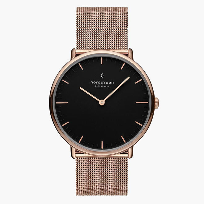 NR36RGMEROBL NR40RGMEROBL NR28RGMEROBL &Native black face ladies watch - rose gold case - mesh strap