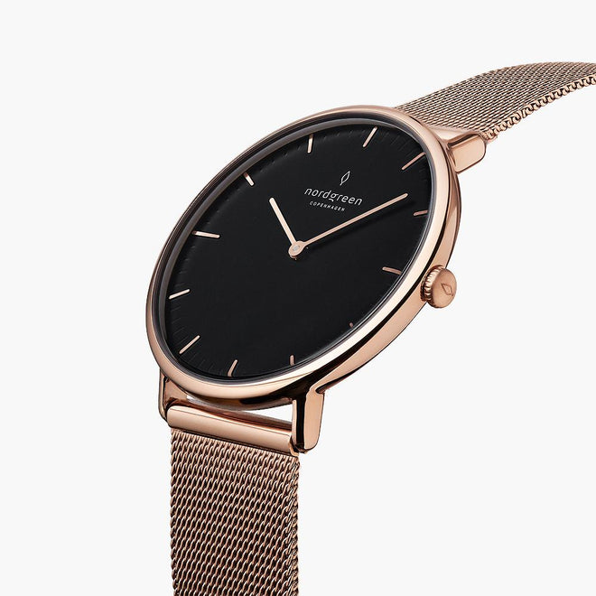 NR36RGMEROBL NR40RGMEROBL NR28RGMEROBL &Native black face ladies watch - rose gold case - mesh strap