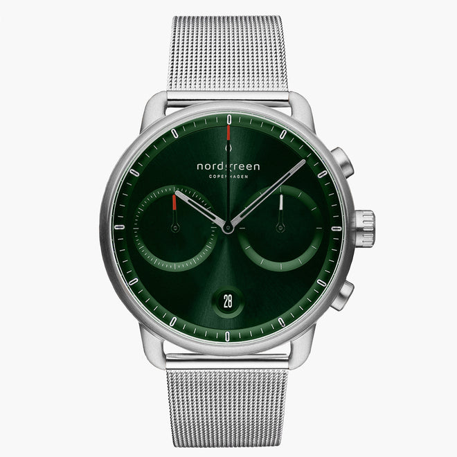 PI42SIMESIGS &Pioneer silver watch men - sunray green dial - mesh strap PI42SIMESIGS &Pioneer silver watch men - sunray green dial - mesh strap