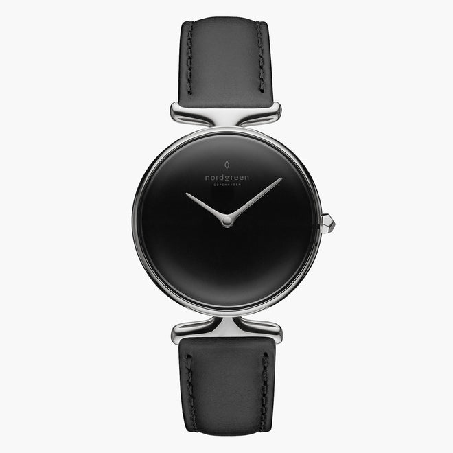 UN28SIVEBLBL UN32SIVEBLBL &Unika ladies leather strap watches - black dial - silver case - black leather strap