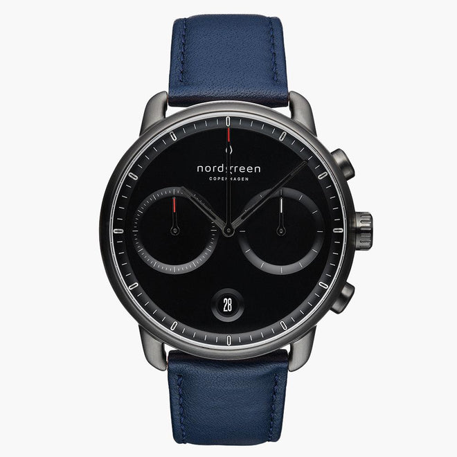 PI42GMVENABL &Pioneer gunmetal watch - black dial - navy leather strap