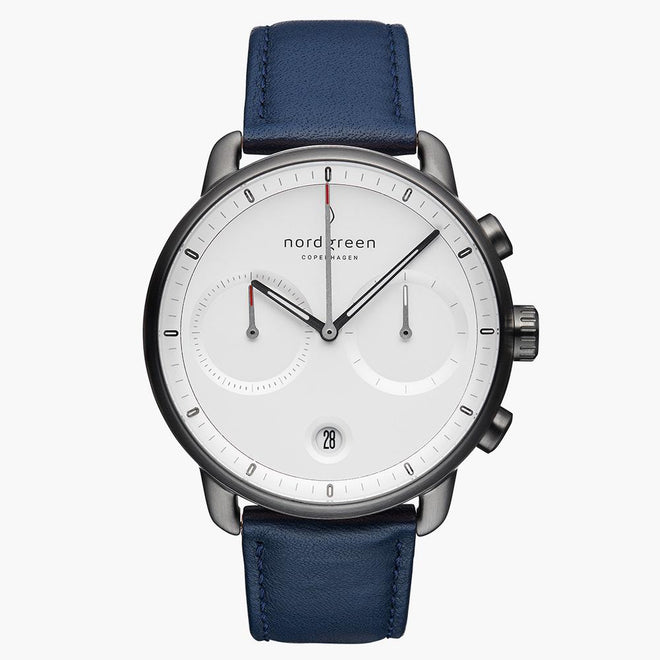 PI42GMLENAXX &Pioneer gunmetal watch - white dial - navy leather strap