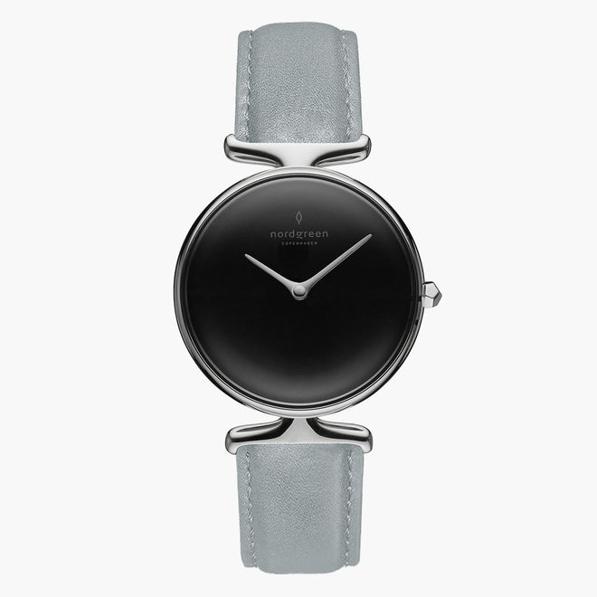 UN28SIVEDOBL UN32SIVEDOBL &Unika ladies leather strap watches - black dial - silver case - dove grey leather strap UN28SIVEDOBL UN32SIVEDOBL &Unika ladies leather strap watches - black dial - silver case - dove grey leather strap