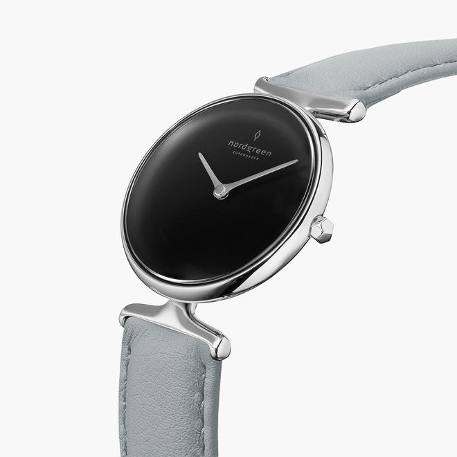 UN28SIVEDOBL UN32SIVEDOBL &Unika ladies leather strap watches - black dial - silver case - dove grey leather strap UN28SIVEDOBL UN32SIVEDOBL &Unika ladies leather strap watches - black dial - silver case - dove grey leather strap