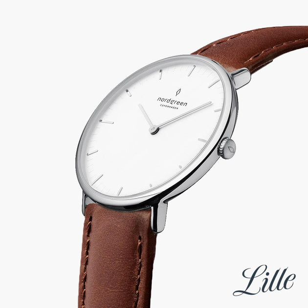 NR32SILEBRXX &Native ladies leather strap watches - white dial - silver case