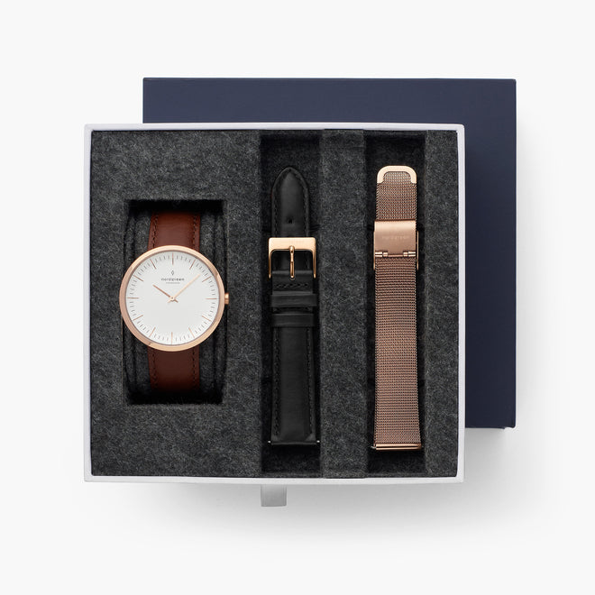 Infinity - BUNDLE White Dial Rose Gold | Brown / Black / Mesh Straps Infinity - BUNDLE White Dial Rose Gold | Brown / Black / Mesh Straps