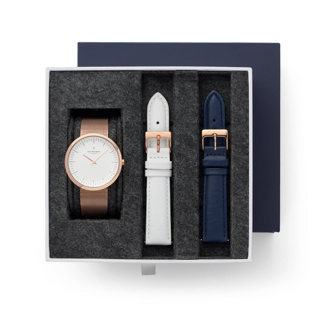 Infinity - BUNDLE White Dial Rose Gold | Mesh / White / Navy Leather Straps Infinity - BUNDLE White Dial Rose Gold | Mesh / White / Navy Leather Straps