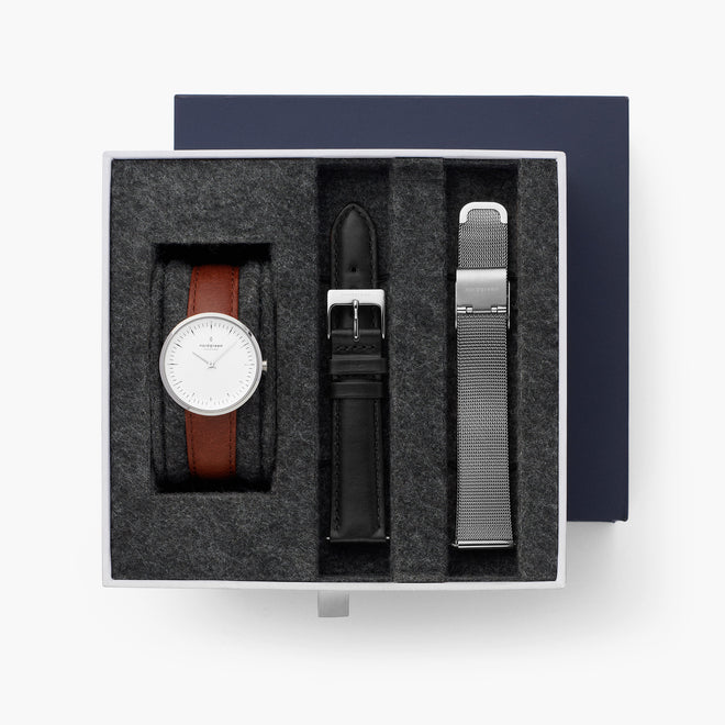 Infinity - BUNDLE White Dial Silver | Brown / Black / Mesh Straps Infinity - BUNDLE White Dial Silver | Brown / Black / Mesh Straps