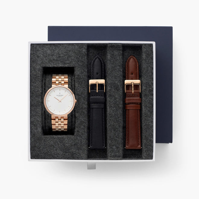 Infinity - BUNDLE White Dial Rose Gold | Rose Gold 5-Link / Black / Brown Leather Strap Infinity - BUNDLE White Dial Rose Gold | Rose Gold 5-Link / Black / Brown Leather Strap