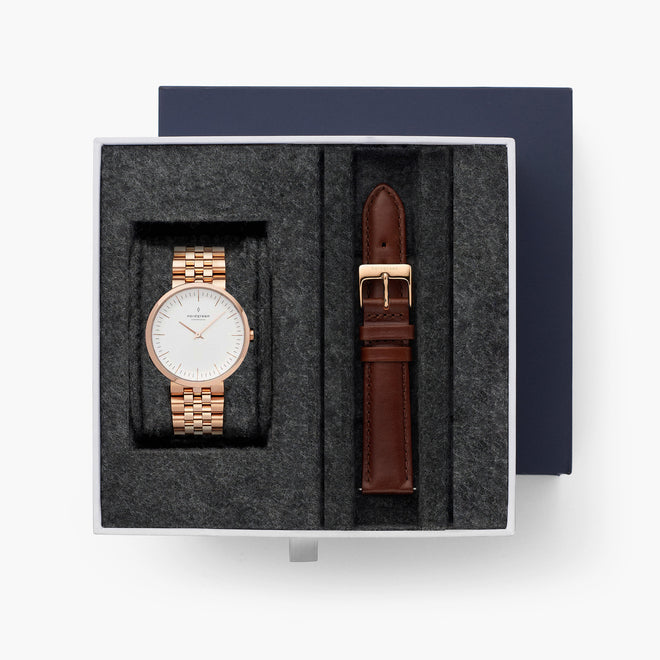 Infinity - BUNDLE Rose Gold | Rose Gold 5-Link / Brown Leather Strap Infinity - BUNDLE Rose Gold | Rose Gold 5-Link / Brown Leather Strap