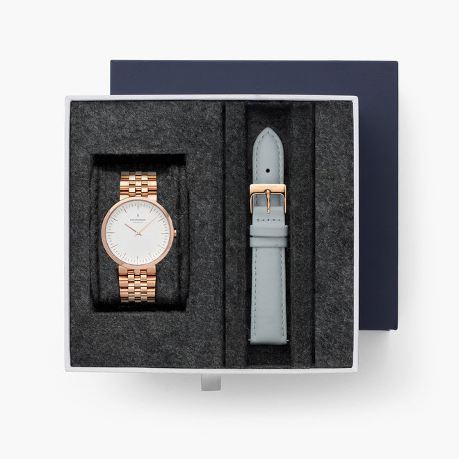 Infinity - BUNDLE White Dial Rose Gold | Rose Gold 5-Link / Grey Leather Strap Infinity - BUNDLE White Dial Rose Gold | Rose Gold 5-Link / Grey Leather Strap