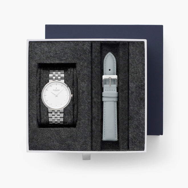 Infinity - BUNDLE White Dial Silver | Silver 5-Link / Grey Leather Strap Infinity - BUNDLE White Dial Silver | Silver 5-Link / Grey Leather Strap