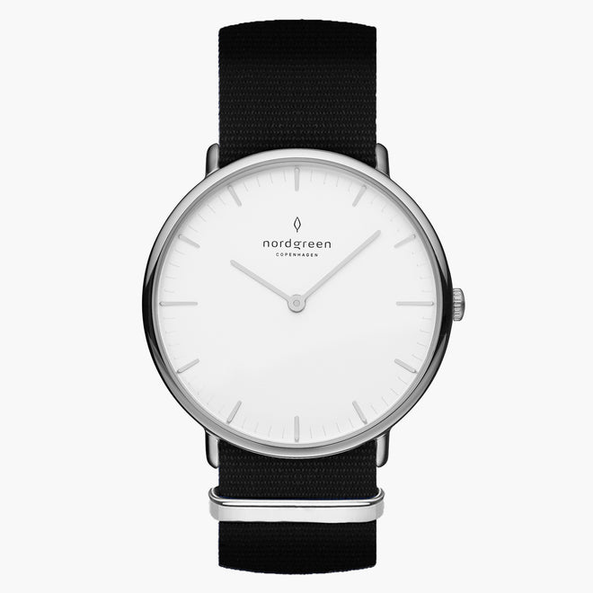 NR32SINYBLXX NR36SINYBLXX NR40SINYBLXX &Native silver watch mens - white dial - black nylon strap