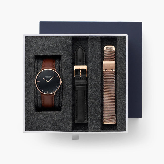Native - BUNDLE Black Dial Rose Gold | Brown Leather / Black Leather / Rose Gold Mesh Strap Native - BUNDLE Black Dial Rose Gold | Brown Leather / Black Leather / Rose Gold Mesh Strap