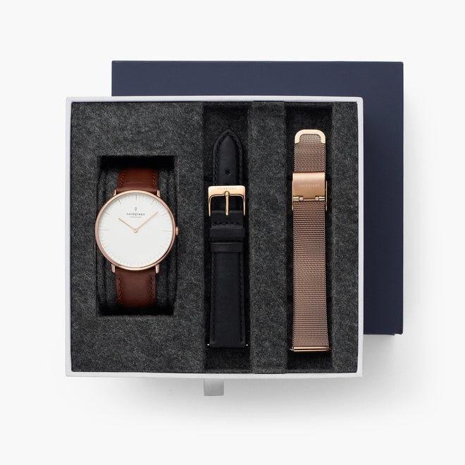 Native - BUNDLE White Dial Rose Gold | Brown Leather / Black Leather / Rose Gold Mesh Strap Native - BUNDLE White Dial Rose Gold | Brown Leather / Black Leather / Rose Gold Mesh Strap