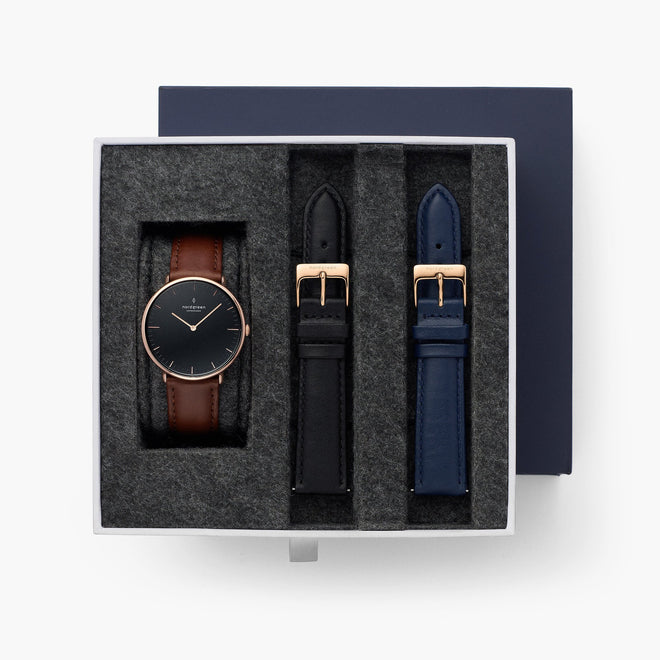 Native - BUNDLE Black Dial Rose Gold | Brown Leather / Black Leather / Navy Leather Strap Native - BUNDLE Black Dial Rose Gold | Brown Leather / Black Leather / Navy Leather Strap