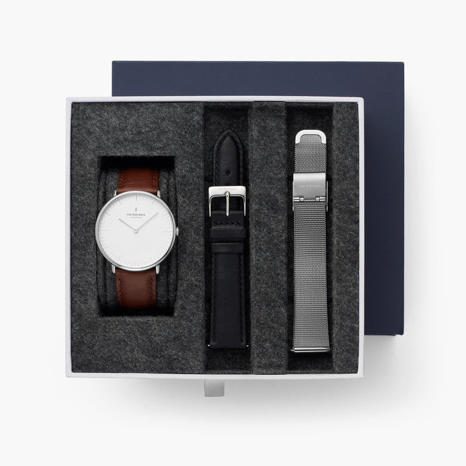 Native - BUNDLE White Dial Silver | Brown Leather / Black Leather / Silver Mesh Strap Native - BUNDLE White Dial Silver | Brown Leather / Black Leather / Silver Mesh Strap