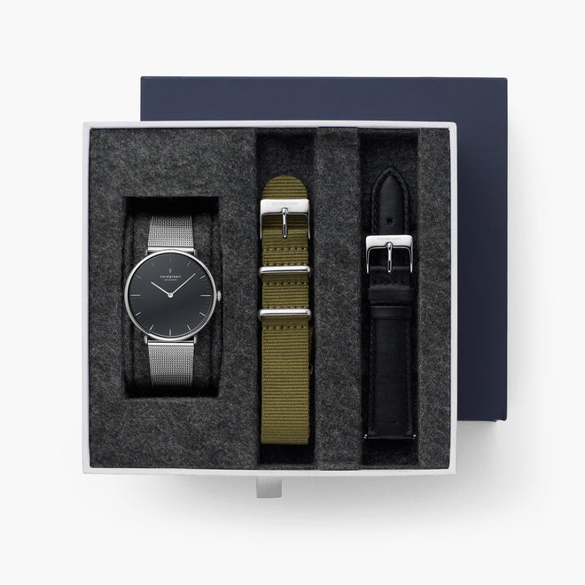 Native - BUNDLE Black Dial Silver | Silver Mesh / Olive Green NATO / Black Leather Strap