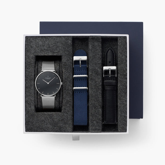 Native - BUNDLE Black Dial Silver | Silver Mesh / Navy NATO / Black Leather Strap