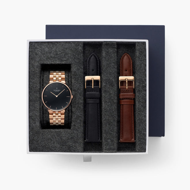 Native - BUNDLE Black Dial Rose Gold | Rose Gold 5-Link / Black / Brown Leather Strap Native - BUNDLE Black Dial Rose Gold | Rose Gold 5-Link / Black / Brown Leather Strap