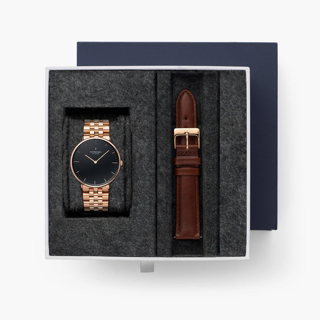 Native - BUNDLE Black Dial Rose Gold | Rose Gold 5-Link / Brown Leather Strap Native - BUNDLE Black Dial Rose Gold | Rose Gold 5-Link / Brown Leather Strap
