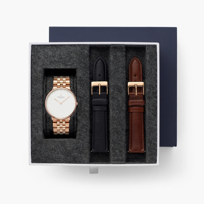 Native - BUNDLE White Dial Rose Gold | Rose Gold 5-Link / Black / Brown Leather Strap Native - BUNDLE White Dial Rose Gold | Rose Gold 5-Link / Black / Brown Leather Strap