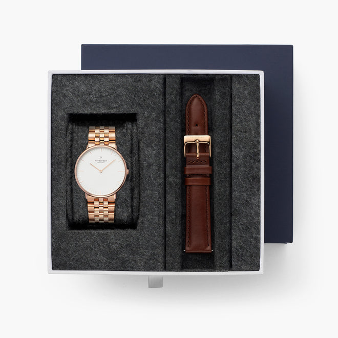 Native - BUNDLE White Dial Rose Gold | Rose Gold 5-Link / Brown Leather Strap Native - BUNDLE White Dial Rose Gold | Rose Gold 5-Link / Brown Leather Strap