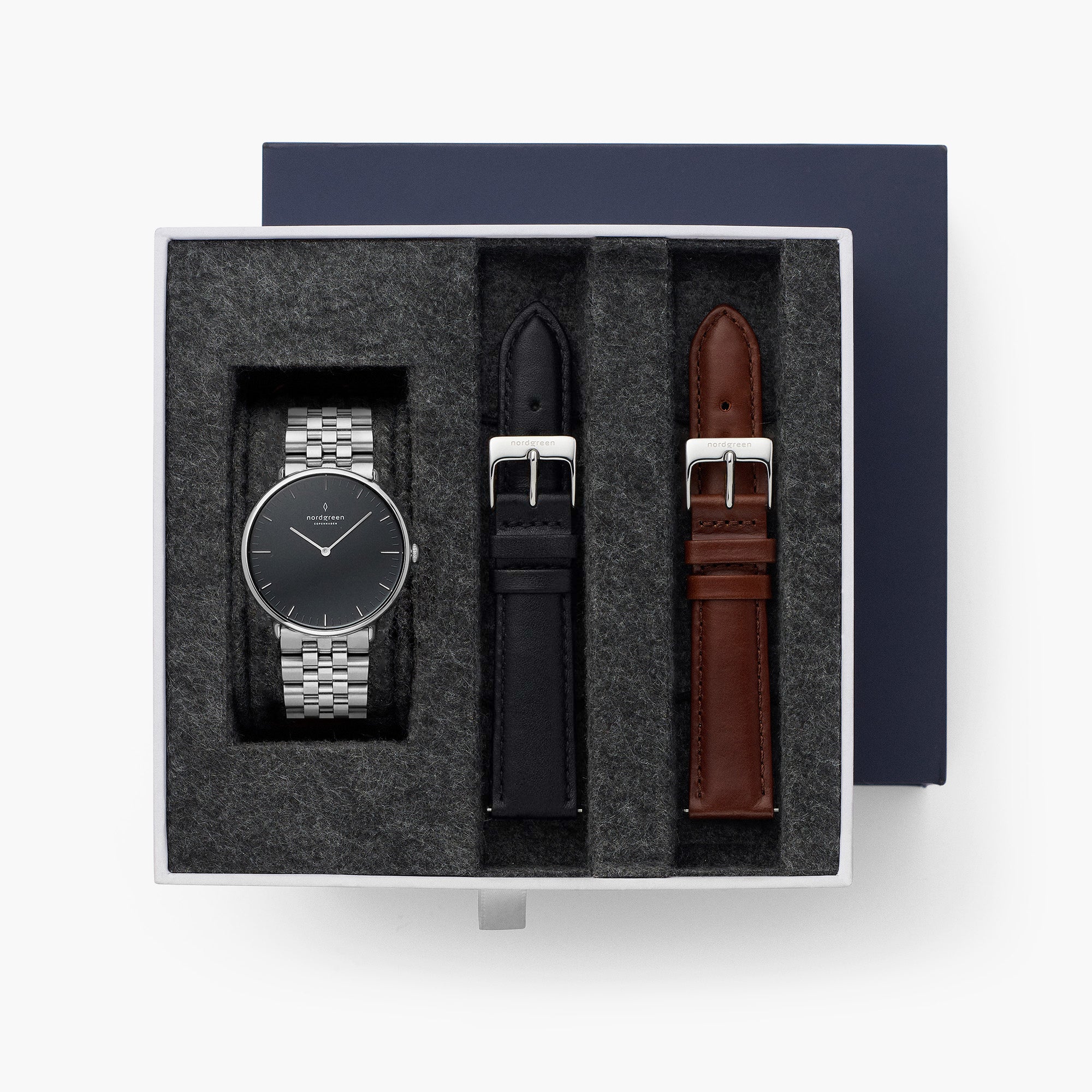 Native BUNDLE Black Dial Silver Silver 5 Link Black Leather Br