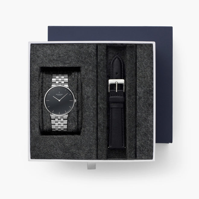 Native - BUNDLE Black Dial Silver | Silver 5-Link / Black Leather Strap Native - BUNDLE Black Dial Silver | Silver 5-Link / Black Leather Strap