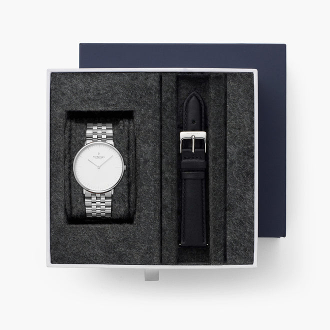 Native - BUNDLE White Dial Silver | Silver 5-Link / Black Leather Strap Native - BUNDLE White Dial Silver | Silver 5-Link / Black Leather Strap