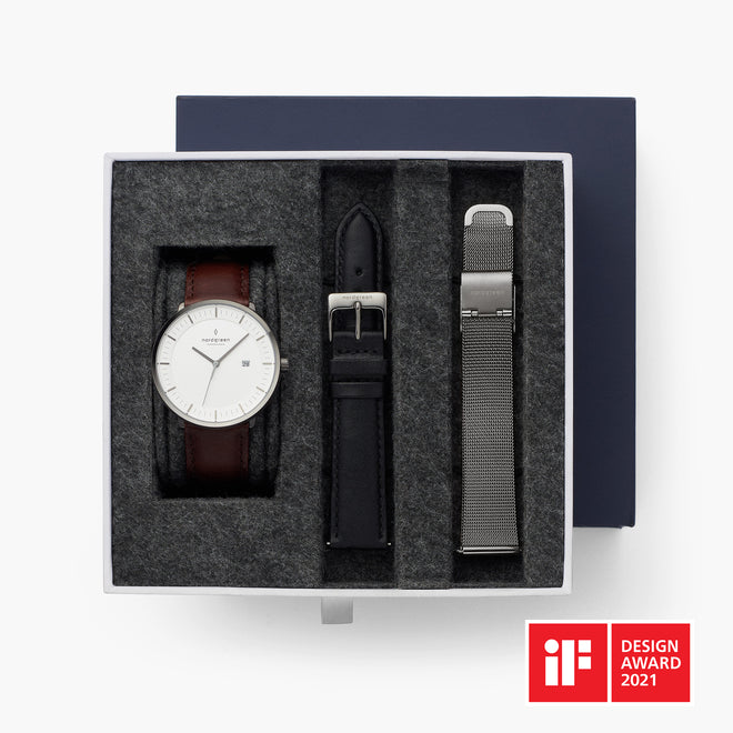 Philosopher - BUNDLE White Dial Gun Metal | Brown / Black / Mesh Straps Philosopher - BUNDLE White Dial Gun Metal | Brown / Black / Mesh Straps