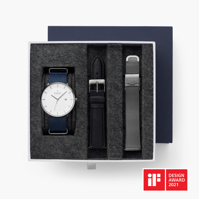 Philosopher - BUNDLE White Dial Gun Metal | Navy NATO / Black / Mesh Straps Philosopher - BUNDLE White Dial Gun Metal | Navy NATO / Black / Mesh Straps