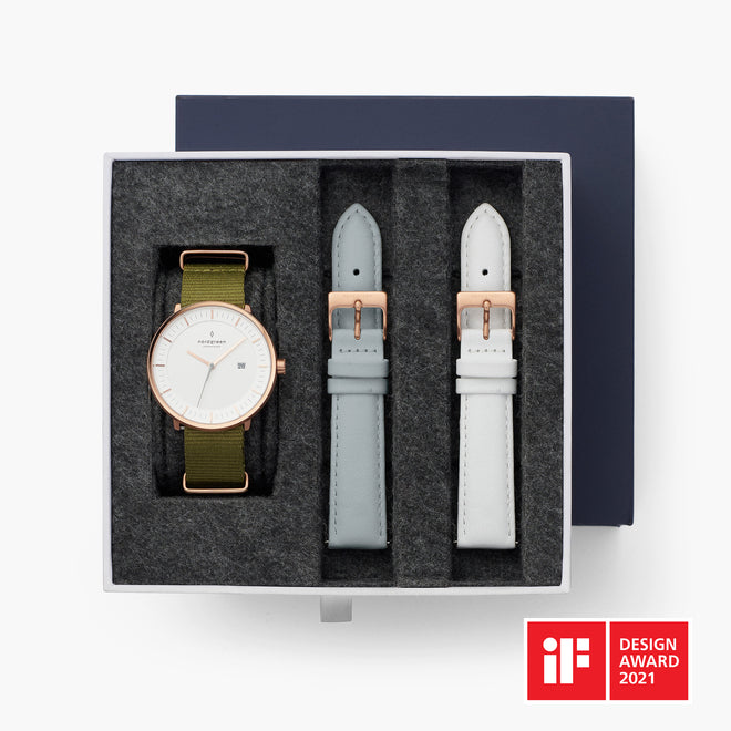 Philosopher - BUNDLE White Dial Rose Gold | Green NATO / Grey / White Straps Philosopher - BUNDLE White Dial Rose Gold | Green NATO / Grey / White Straps
