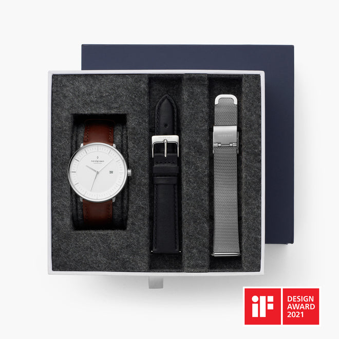 Philosopher - BUNDLE White Dial Silver | Brown / Black / Mesh Straps Philosopher - BUNDLE White Dial Silver | Brown / Black / Mesh Straps